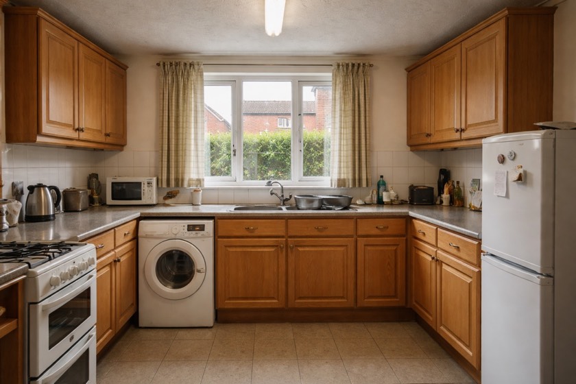 Existing kitchen with dated oak cabinetry, limited task lighting and dark worktops.
