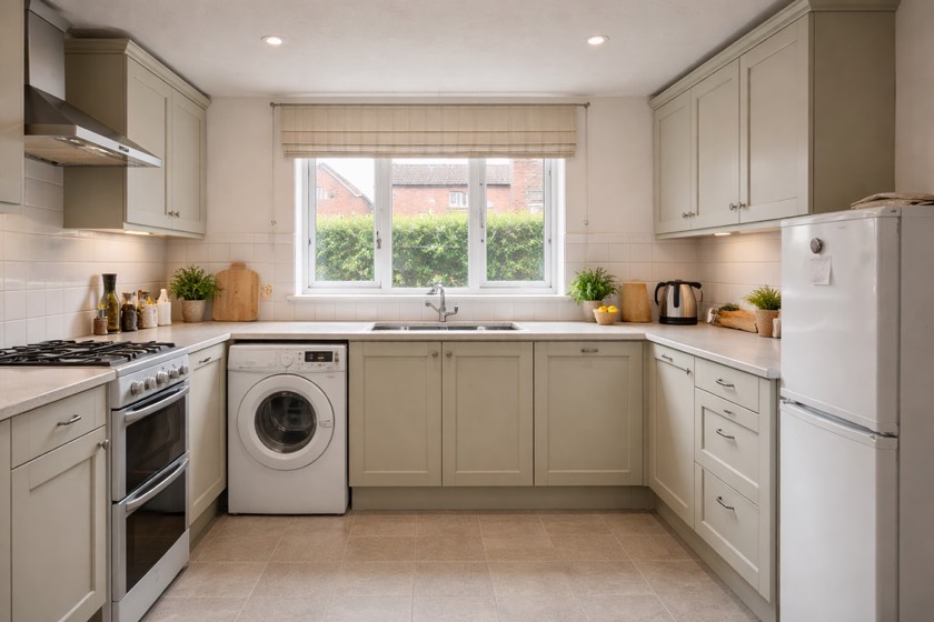 Suggested kitchen direction with warmer cabinetry, brighter lighting and a clearer prep area.